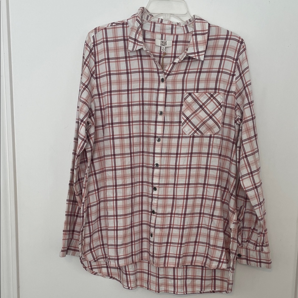 True Craft Pink & Cream Plaid Flannel Button Down Shirt XL NWT